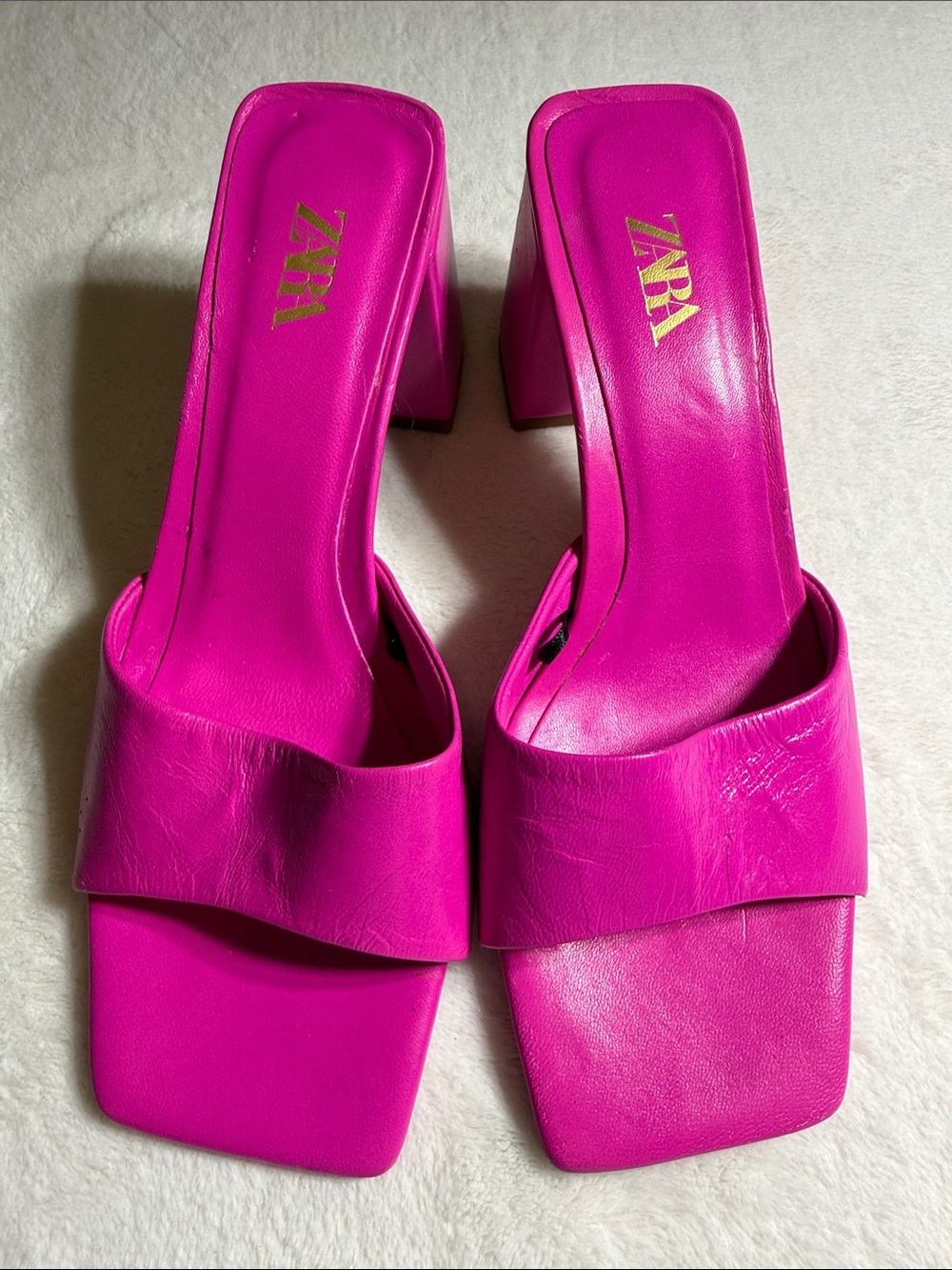 ZARA Bright Pink Square-Toe Block Heel Mules